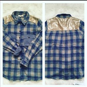 Plaid button down with sequin detail